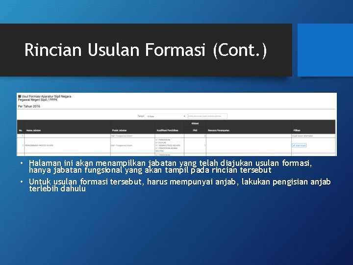 Rincian Usulan Formasi (Cont. ) • Halaman ini akan menampilkan jabatan yang telah diajukan