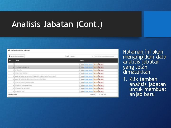 Analisis Jabatan (Cont. ) Halaman ini akan menampilkan data analisis jabatan yang telah dimasukkan