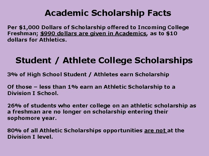 Academic Scholarship Facts Per $1, 000 Dollars of Scholarship offered to Incoming College Freshman;