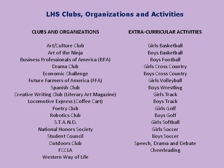 LHS Clubs, Organizations and Activities CLUBS AND ORGANIZATIONS EXTRA-CURRICULAR ACTIVITIES Art/Culture Club Art of