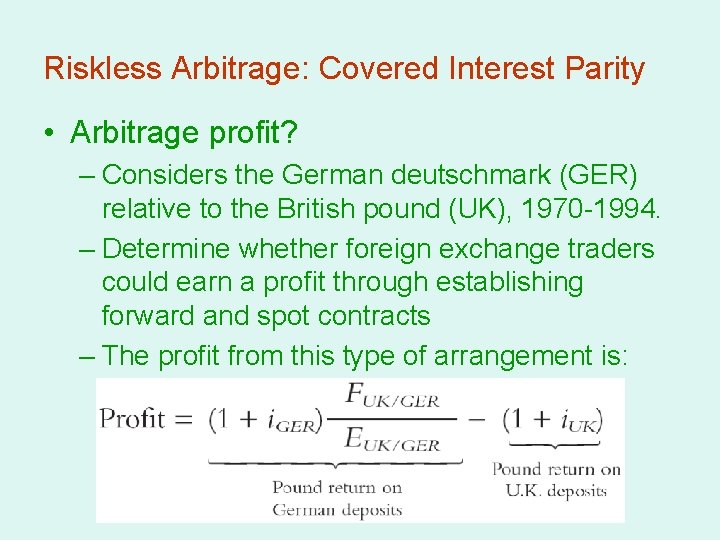 Riskless Arbitrage: Covered Interest Parity • Arbitrage profit? – Considers the German deutschmark (GER)