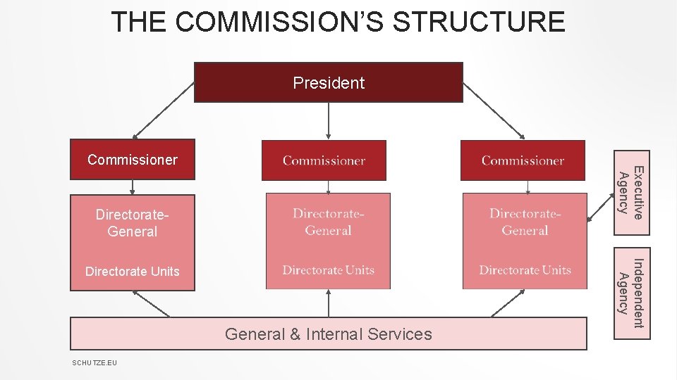 THE COMMISSION’S STRUCTURE President Executive Agency Commissioner Directorate. General & Internal Services SCHUTZE. EU