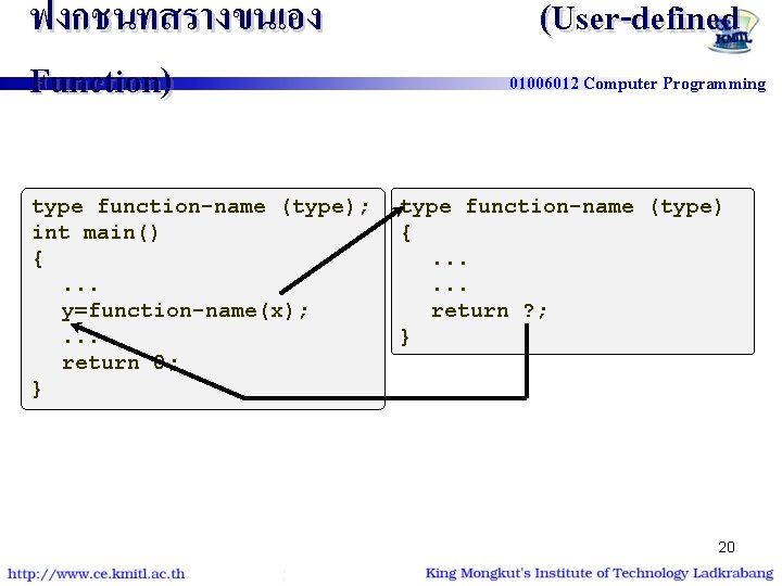 ฟงกชนทสรางขนเอง Function) type function-name (type); int main() {. . . y=function-name(x); . . .