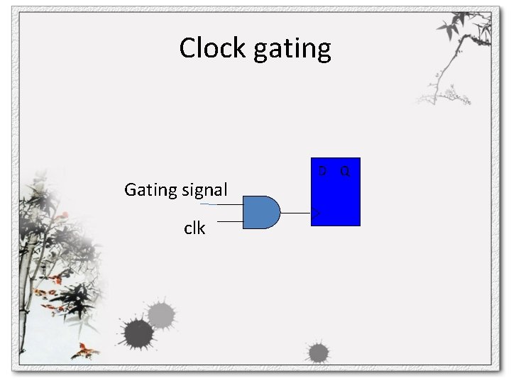 Clock gating Gating signal clk D Q 