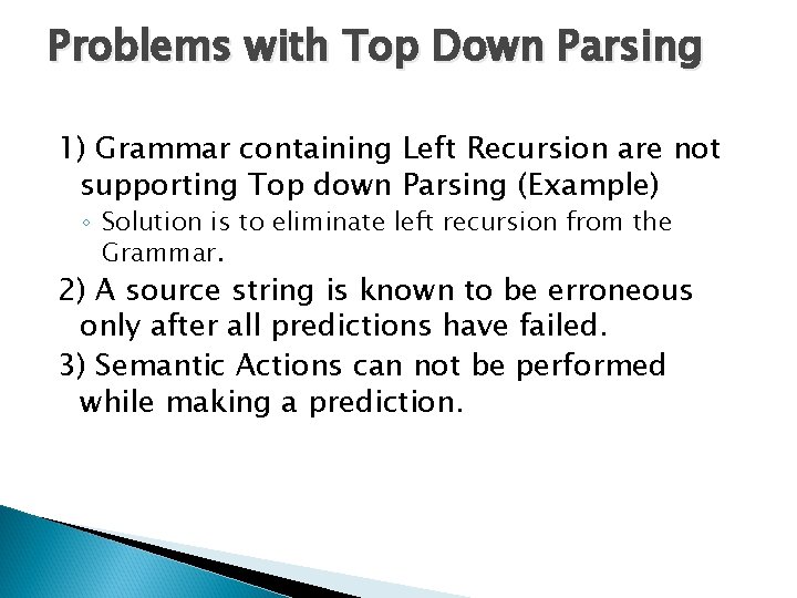 Problems with Top Down Parsing 1) Grammar containing Left Recursion are not supporting Top