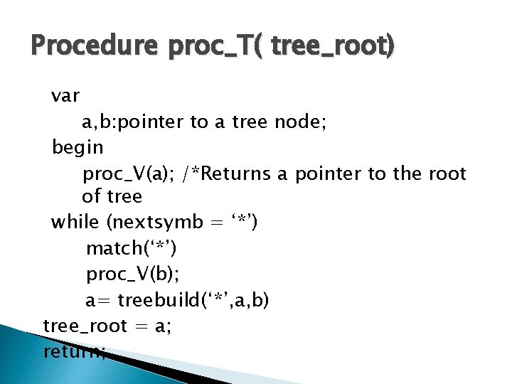 Procedure proc_T( tree_root) var a, b: pointer to a tree node; begin proc_V(a); /*Returns