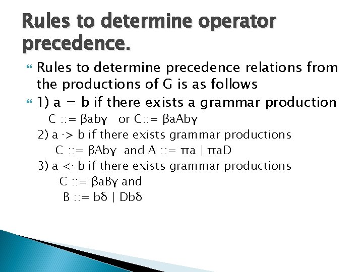 Rules to determine operator precedence. Rules to determine precedence relations from the productions of