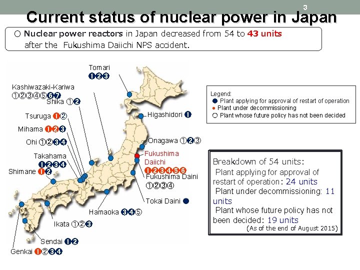 3 Current status of nuclear power in Japan ○ Nuclear power reactors in Japan