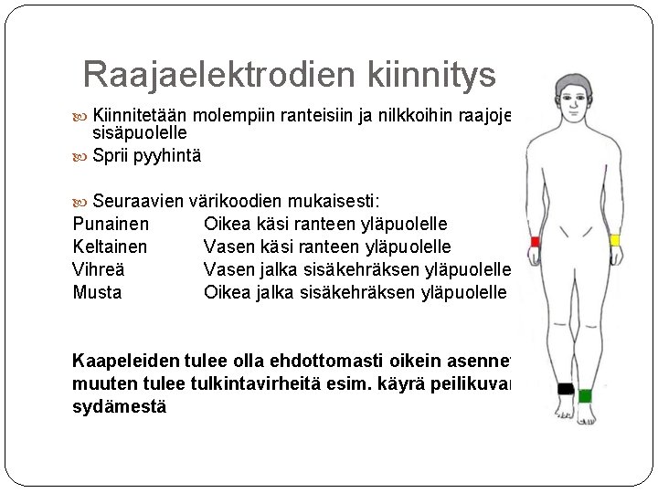 Raajaelektrodien kiinnitys Kiinnitetään molempiin ranteisiin ja nilkkoihin raajojen sisäpuolelle Sprii pyyhintä Seuraavien värikoodien mukaisesti: