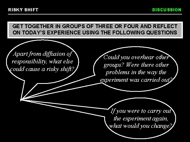 RISKY SHIFT DISCUSSION GET TOGETHER IN GROUPS OF THREE OR FOUR AND REFLECT ON