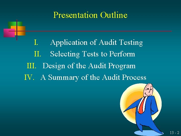 Presentation Outline I. Application of Audit Testing II. Selecting Tests to Perform III. Design