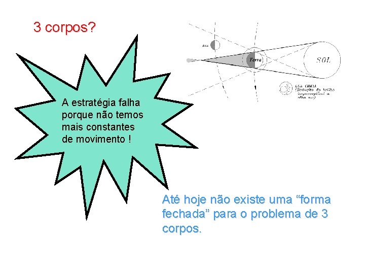 3 corpos? A estratégia falha porque não temos mais constantes de movimento ! Até