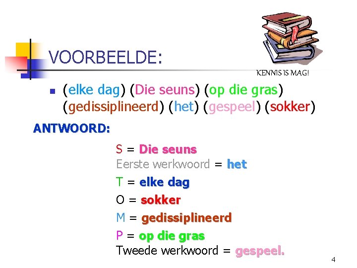 VOORBEELDE: KENNIS IS MAG! n (elke dag) (Die seuns) (op die gras) (gedissiplineerd) (het)