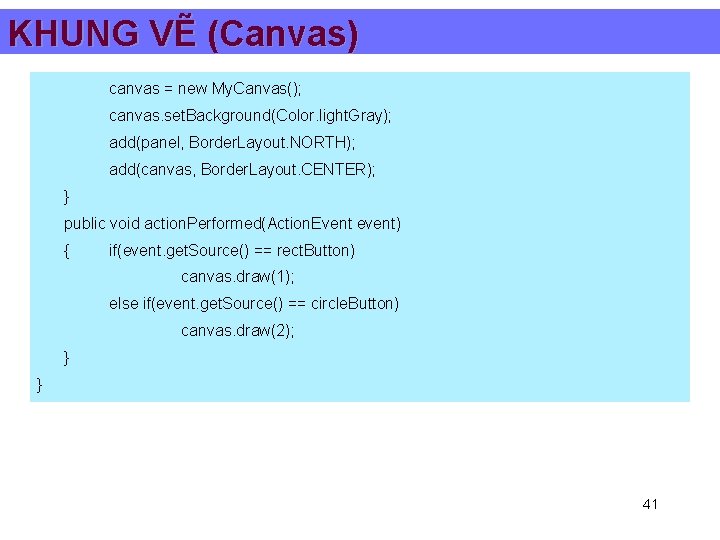 KHUNG VẼ (Canvas) canvas = new My. Canvas(); canvas. set. Background(Color. light. Gray); add(panel,