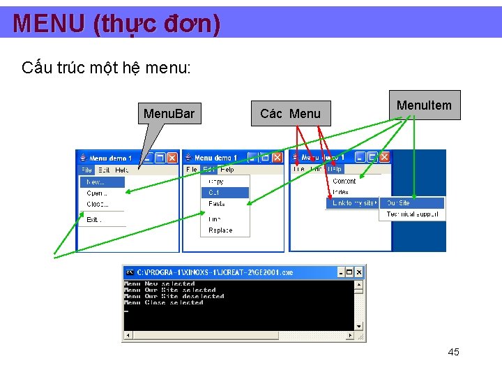MENU (thực đơn) Cấu trúc một hệ menu: Menu. Bar Các Menu. Item 45