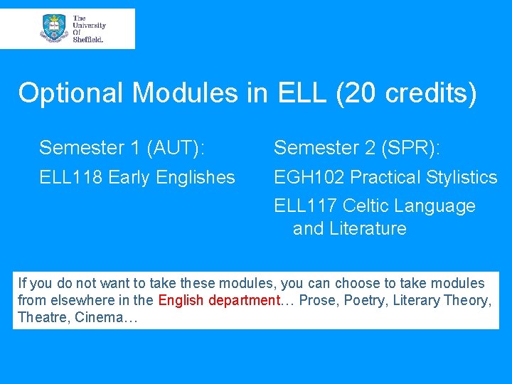 Optional Modules in ELL (20 credits) Semester 1 (AUT): Semester 2 (SPR): ELL 118