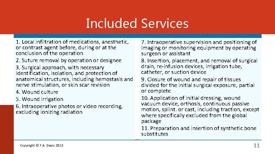 Included Services 1. Local infiltration of medications, anesthetic, or contrast agent before, during or