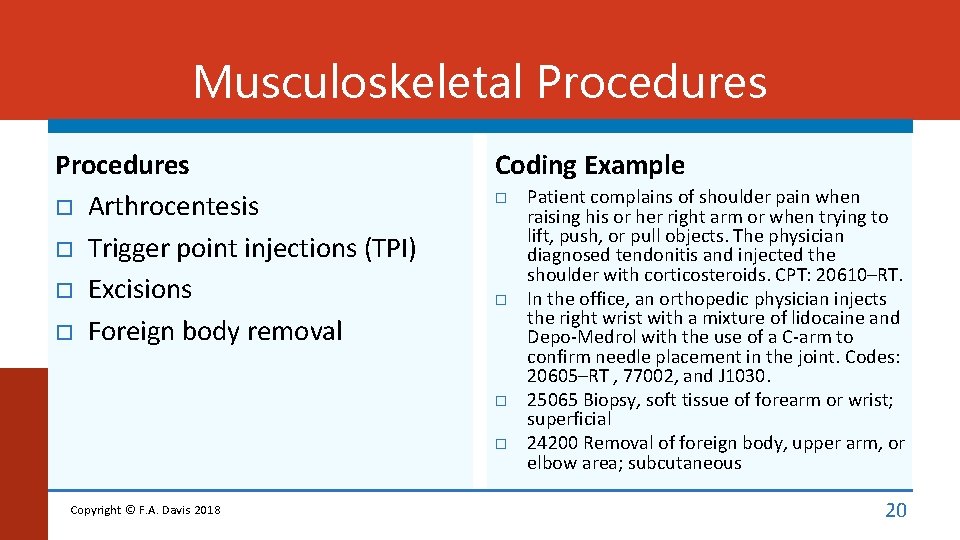 Musculoskeletal Procedures Arthrocentesis Trigger point injections (TPI) Excisions Foreign body removal Coding Example Copyright