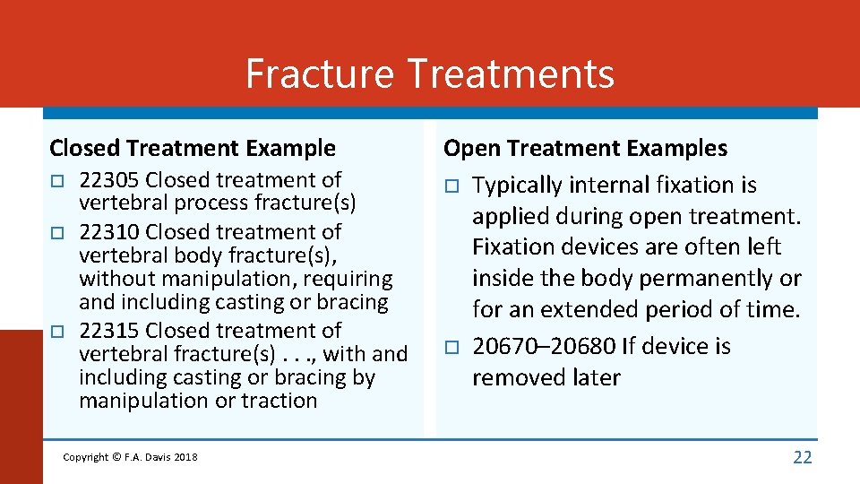 Fracture Treatments Closed Treatment Example 22305 Closed treatment of vertebral process fracture(s) 22310 Closed