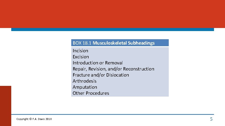 BOX 18. 1 Musculoskeletal Subheadings Incision Excision Introduction or Removal Repair, Revision, and/or Reconstruction