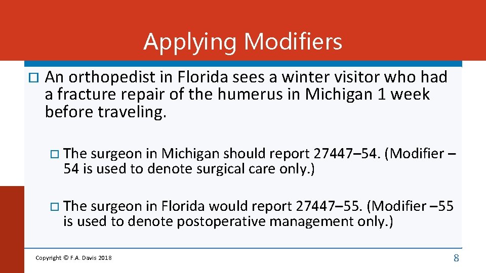 Applying Modifiers An orthopedist in Florida sees a winter visitor who had a fracture