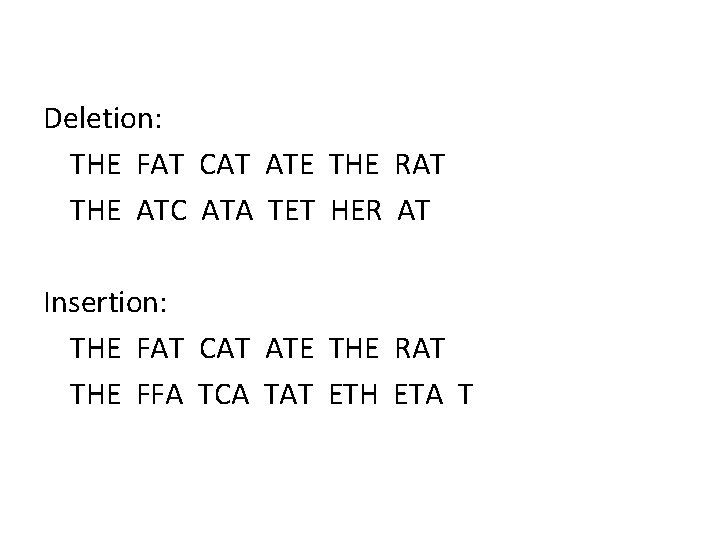 Deletion: THE FAT CAT ATE THE RAT THE ATC ATA TET HER AT Insertion: