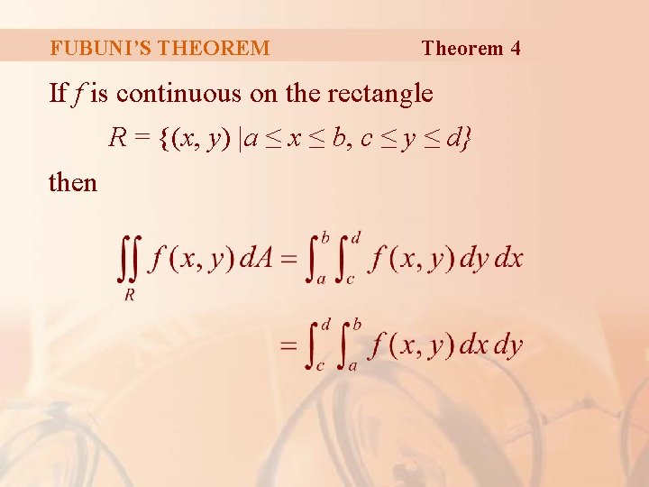 FUBUNI’S THEOREM Theorem 4 If f is continuous on the rectangle R = {(x,