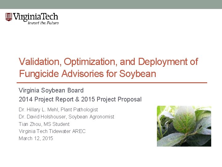 Validation, Optimization, and Deployment of Fungicide Advisories for Soybean Virginia Soybean Board 2014 Project