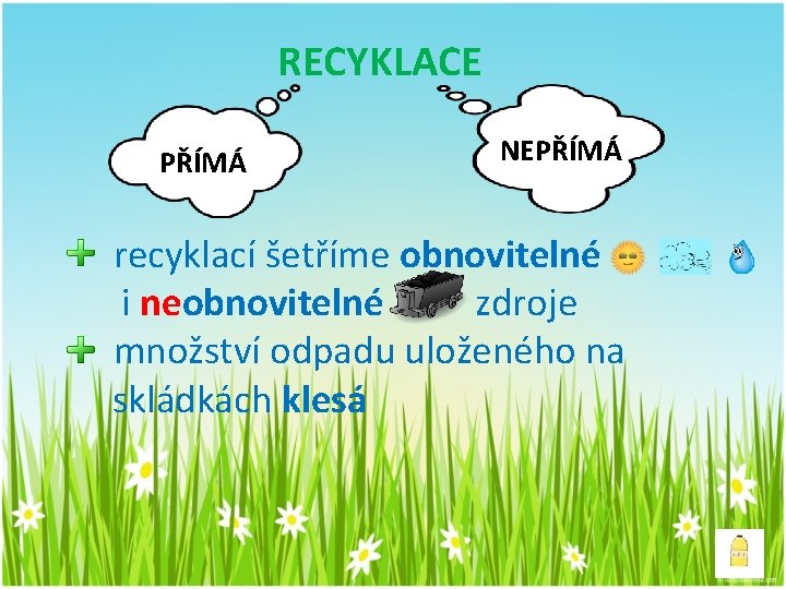 RECYKLACE PŘÍMÁ NEPŘÍMÁ recyklací šetříme obnovitelné i neobnovitelné zdroje množství odpadu uloženého na skládkách