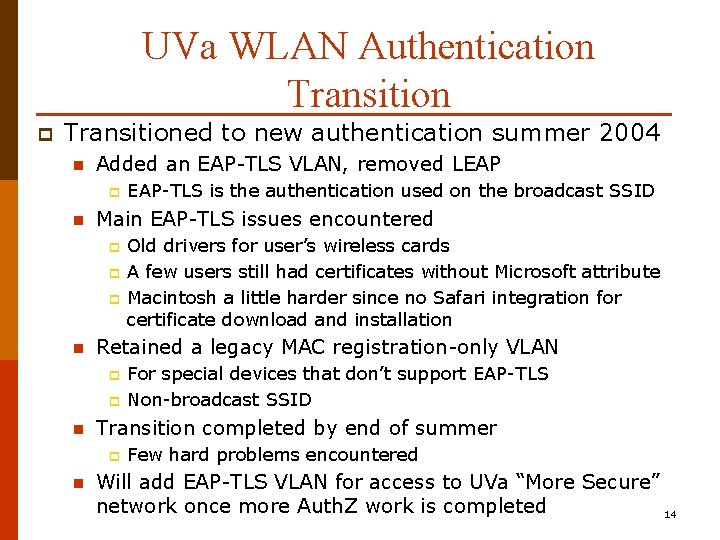 UVa WLAN Authentication Transition p Transitioned to new authentication summer 2004 n Added an