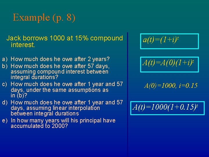 Example (p. 8) Jack borrows 1000 at 15% compound interest. a) How much does