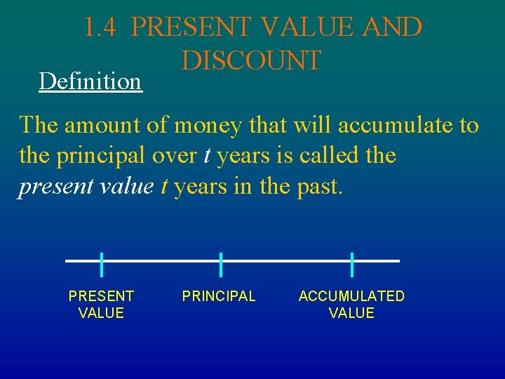 1. 4 PRESENT VALUE AND DISCOUNT Definition The amount of money that will accumulate
