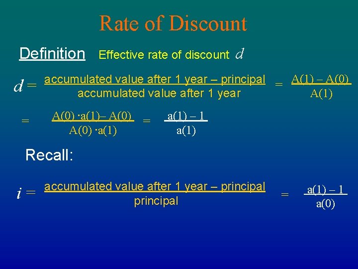 Rate of Discount Definition d= = Effective rate of discount d accumulated value after