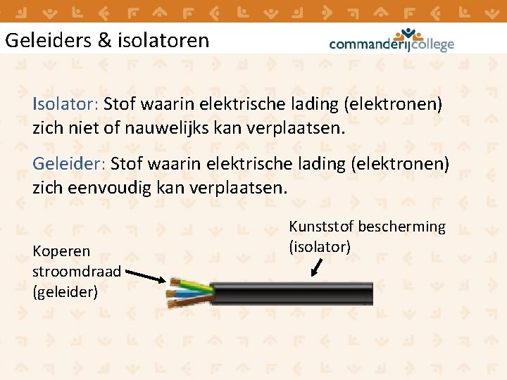 Geleiders & isolatoren Isolator: Stof waarin elektrische lading (elektronen) zich niet of nauwelijks kan Geleiders & isolatoren Isolator: Stof waarin elektrische lading (elektronen) zich niet of nauwelijks kan