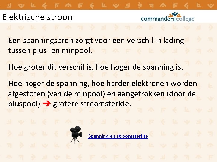 Elektrische stroom Een spanningsbron zorgt voor een verschil in lading tussen plus- en minpool. Elektrische stroom Een spanningsbron zorgt voor een verschil in lading tussen plus- en minpool.