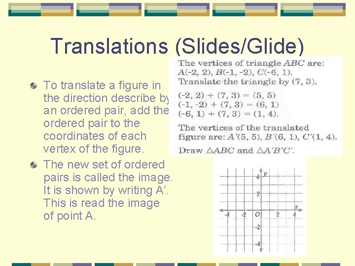 Translations (Slides/Glide) To translate a figure in the direction describe by an ordered pair,