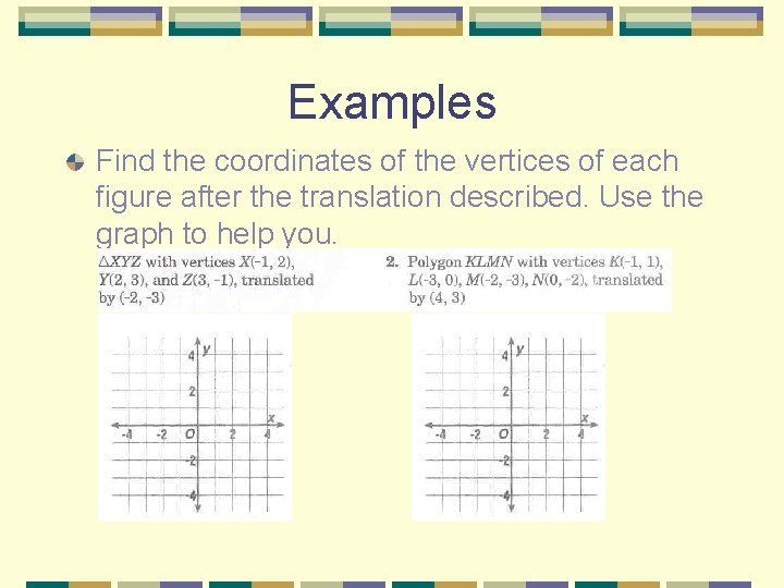 Examples Find the coordinates of the vertices of each figure after the translation described.