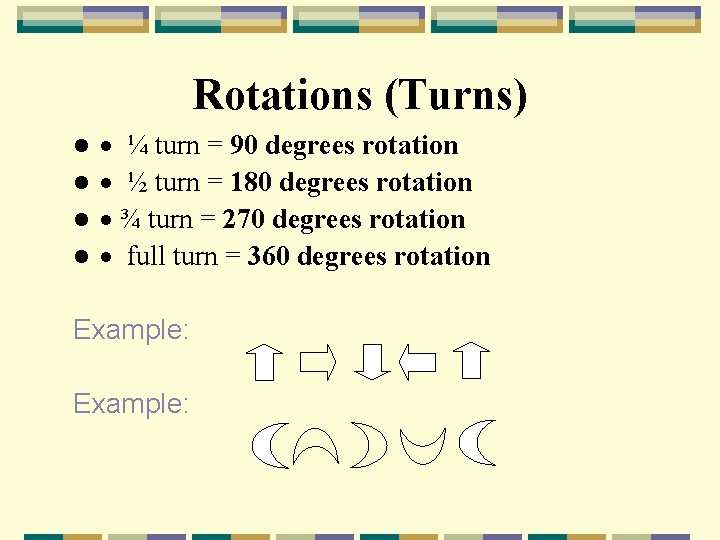 Rotations (Turns) · ¼ turn = 90 degrees rotation l · ½ turn =