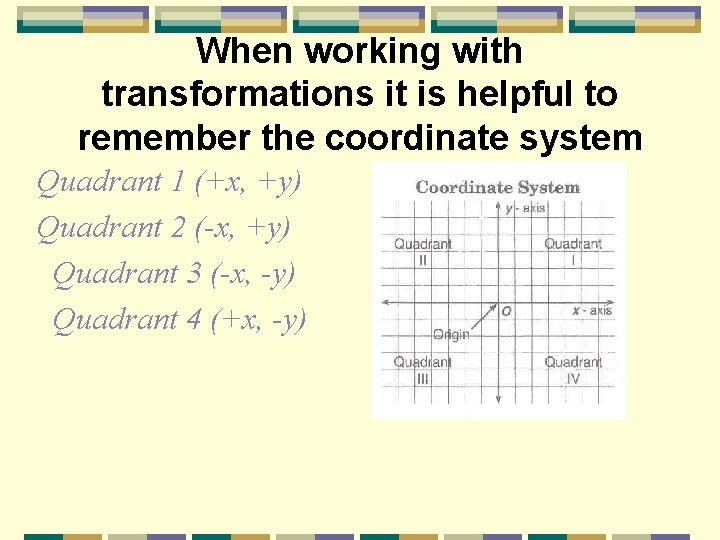 When working with transformations it is helpful to remember the coordinate system Quadrant 1