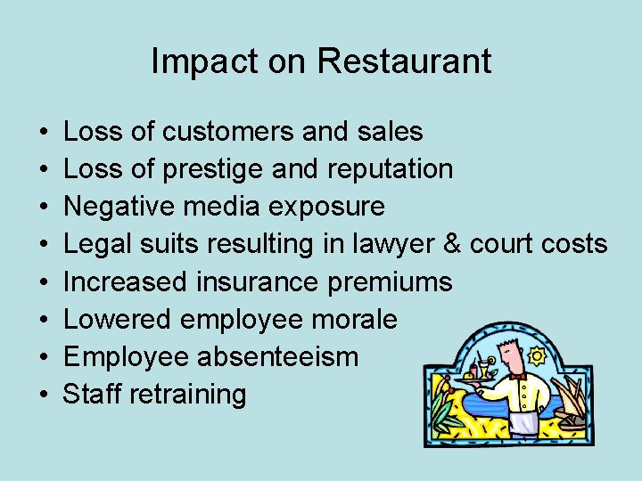 Impact on Restaurant • • Loss of customers and sales Loss of prestige and Impact on Restaurant • • Loss of customers and sales Loss of prestige and