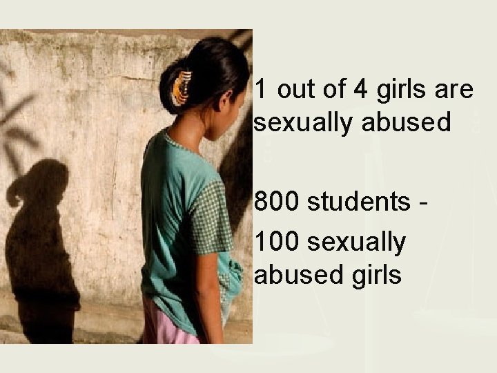 1 out of 4 girls are sexually abused 800 students 100 sexually abused girls