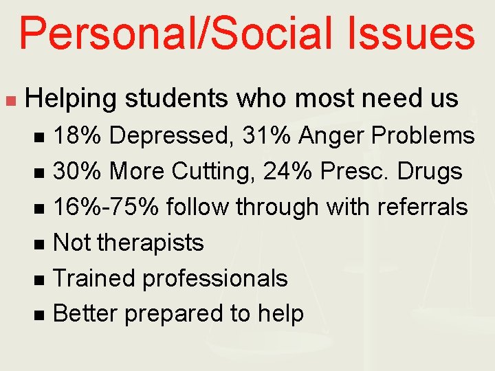 Personal/Social Issues n Helping students who most need us 18% Depressed, 31% Anger Problems