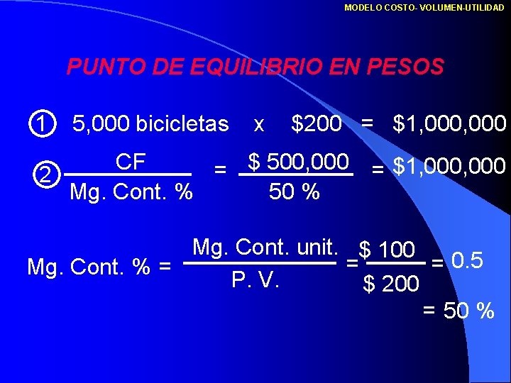 MODELO COSTO- VOLUMEN-UTILIDAD PUNTO DE EQUILIBRIO EN PESOS 1 5, 000 bicicletas x $200