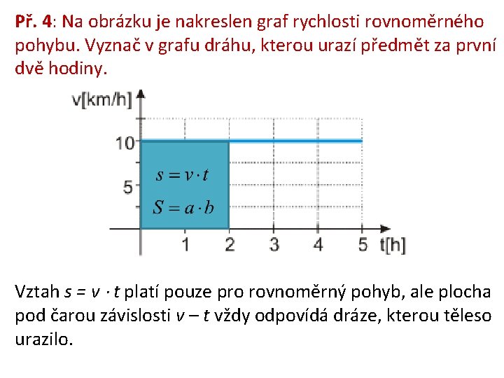 Př. 4: Na obrázku je nakreslen graf rychlosti rovnoměrného pohybu. Vyznač v grafu dráhu,