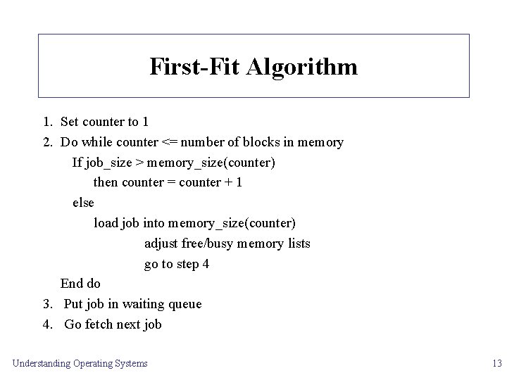 First-Fit Algorithm 1. Set counter to 1 2. Do while counter <= number of