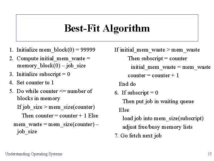 Best-Fit Algorithm 1. Initialize mem_block(0) = 99999 2. Compute initial_mem_waste = memory_block(0) – job_size