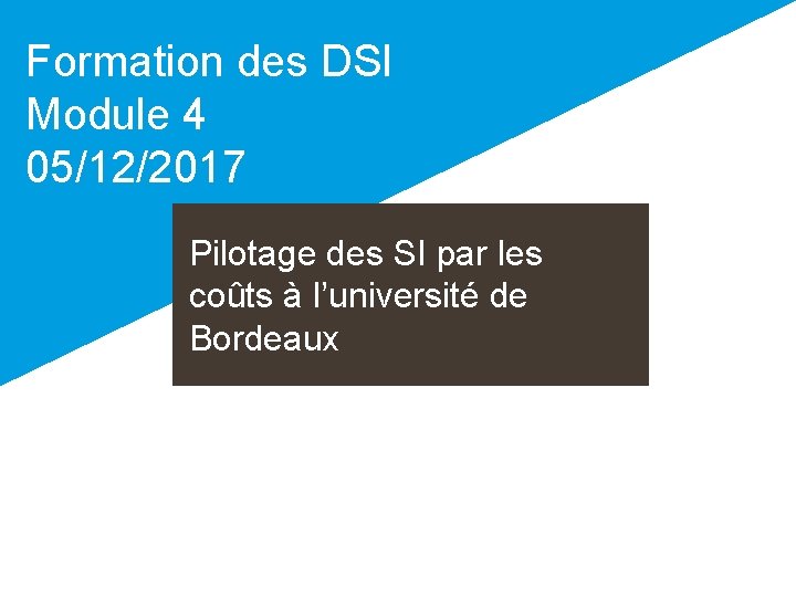 Formation des DSI Module 4 05/12/2017 Pilotage des SI par les coûts à l’université