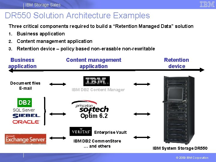 IBM Storage Sales DR 550 Solution Architecture Examples Three critical components required to build