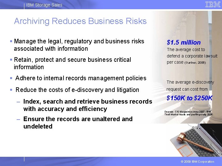 IBM Storage Sales Archiving Reduces Business Risks § Manage the legal, regulatory and business
