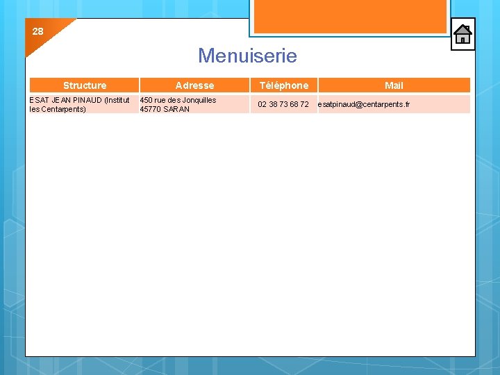 28 Menuiserie Structure ESAT JEAN PINAUD (Institut les Centarpents) Adresse 450 rue des Jonquilles 28 Menuiserie Structure ESAT JEAN PINAUD (Institut les Centarpents) Adresse 450 rue des Jonquilles